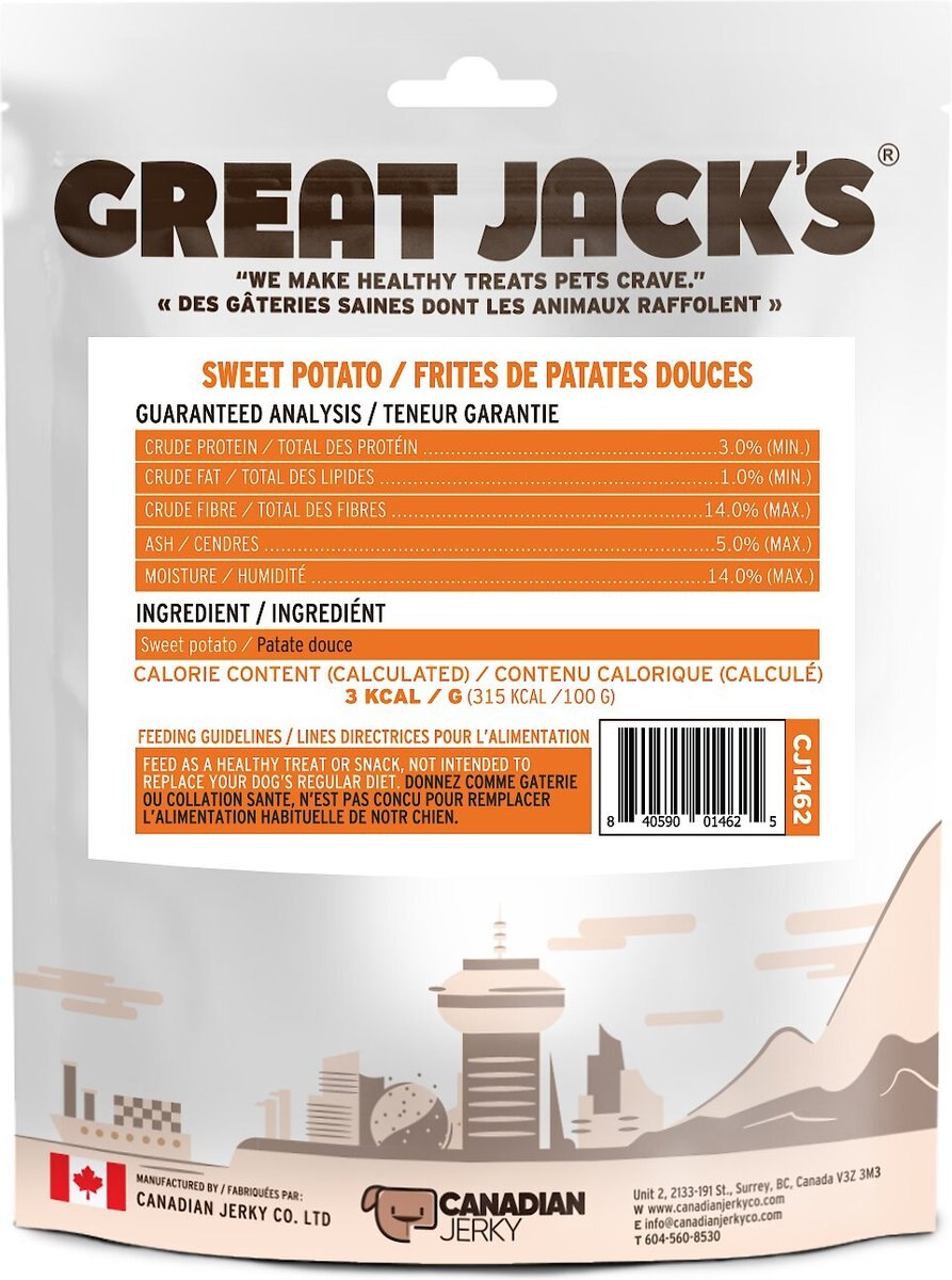 Great Jack's Air Dried Sweet Potato Chews Dog Treats， 5-oz bag