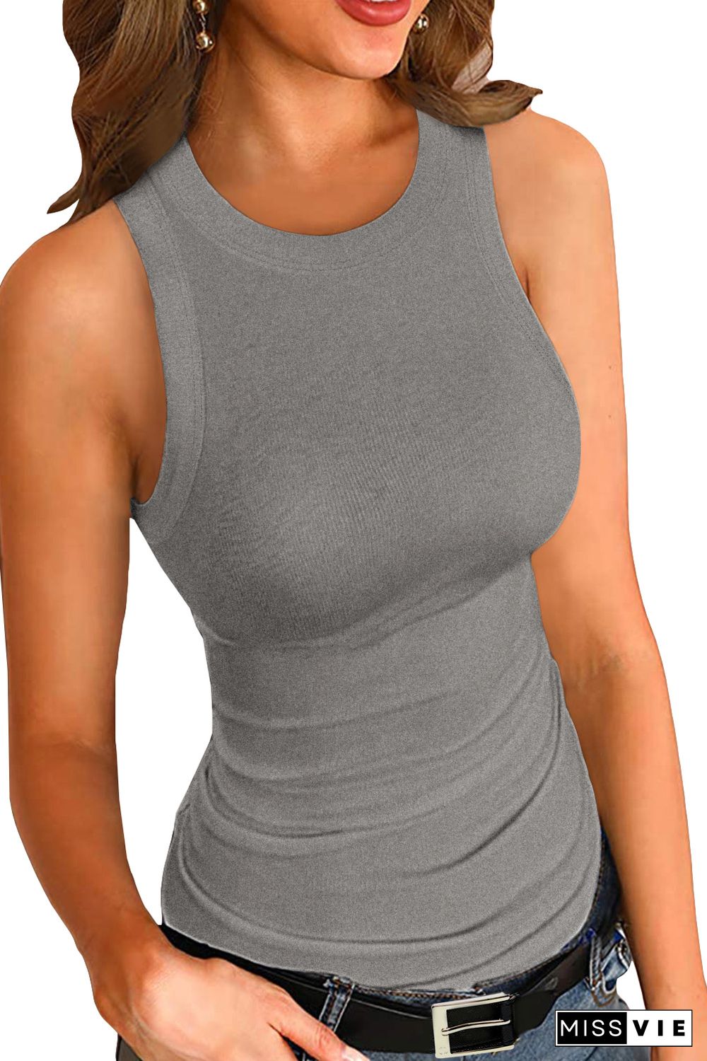 Gray Solid Ribbed Knit Slim Fit Tank Top