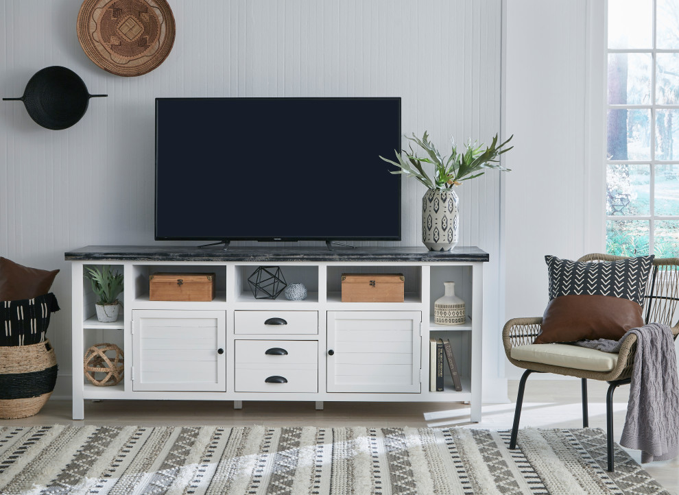 Laredo 80 quotTV Entertainment/Media Console  White/Distressed Black   Farmhouse   Entertainment Centers And Tv Stands   by Progressive Furniture  Houzz