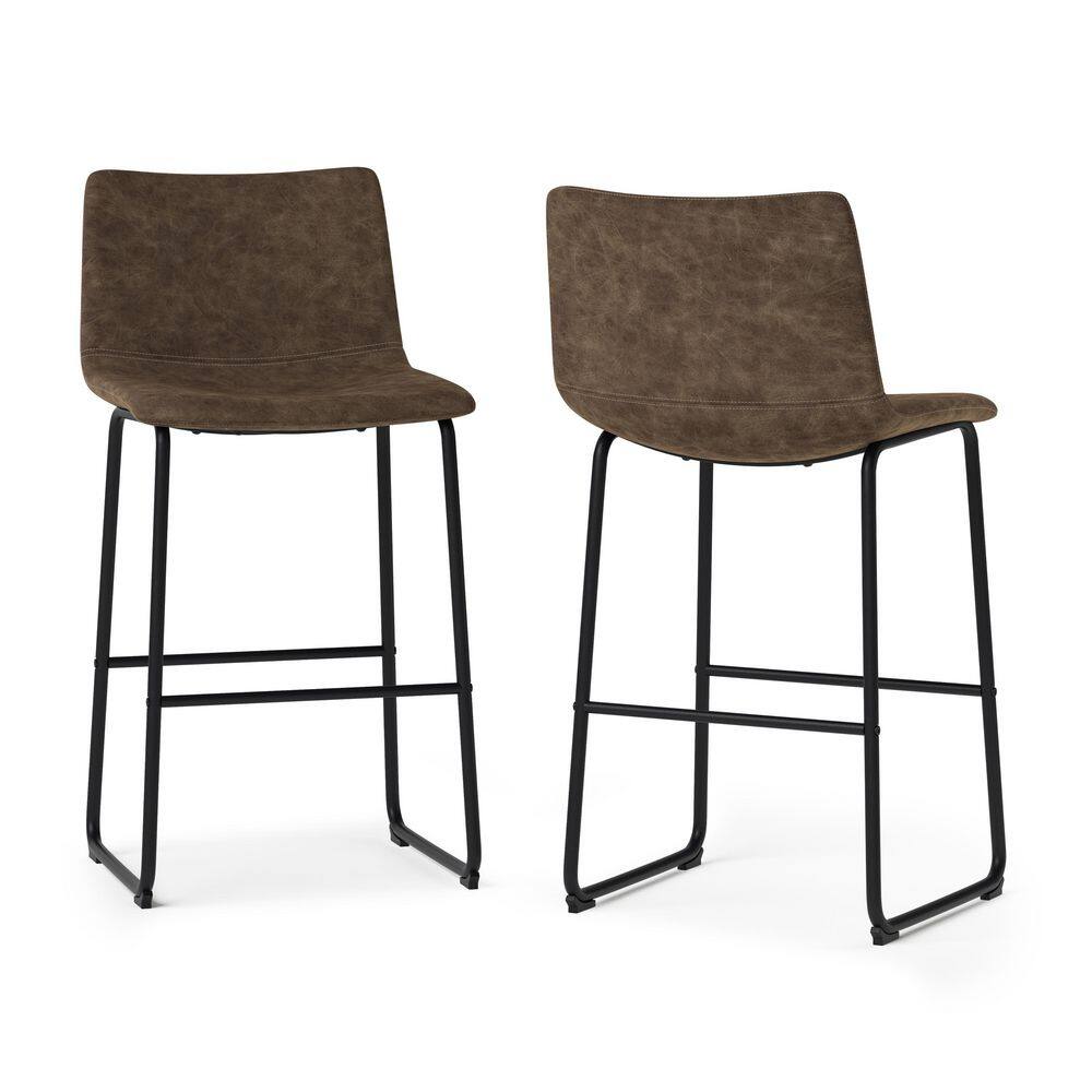 Simpli Home Warner 39.4 in Height Bar Stool (Set of 2) in Distressed Brown Faux Leather AXCWARBS-DBR