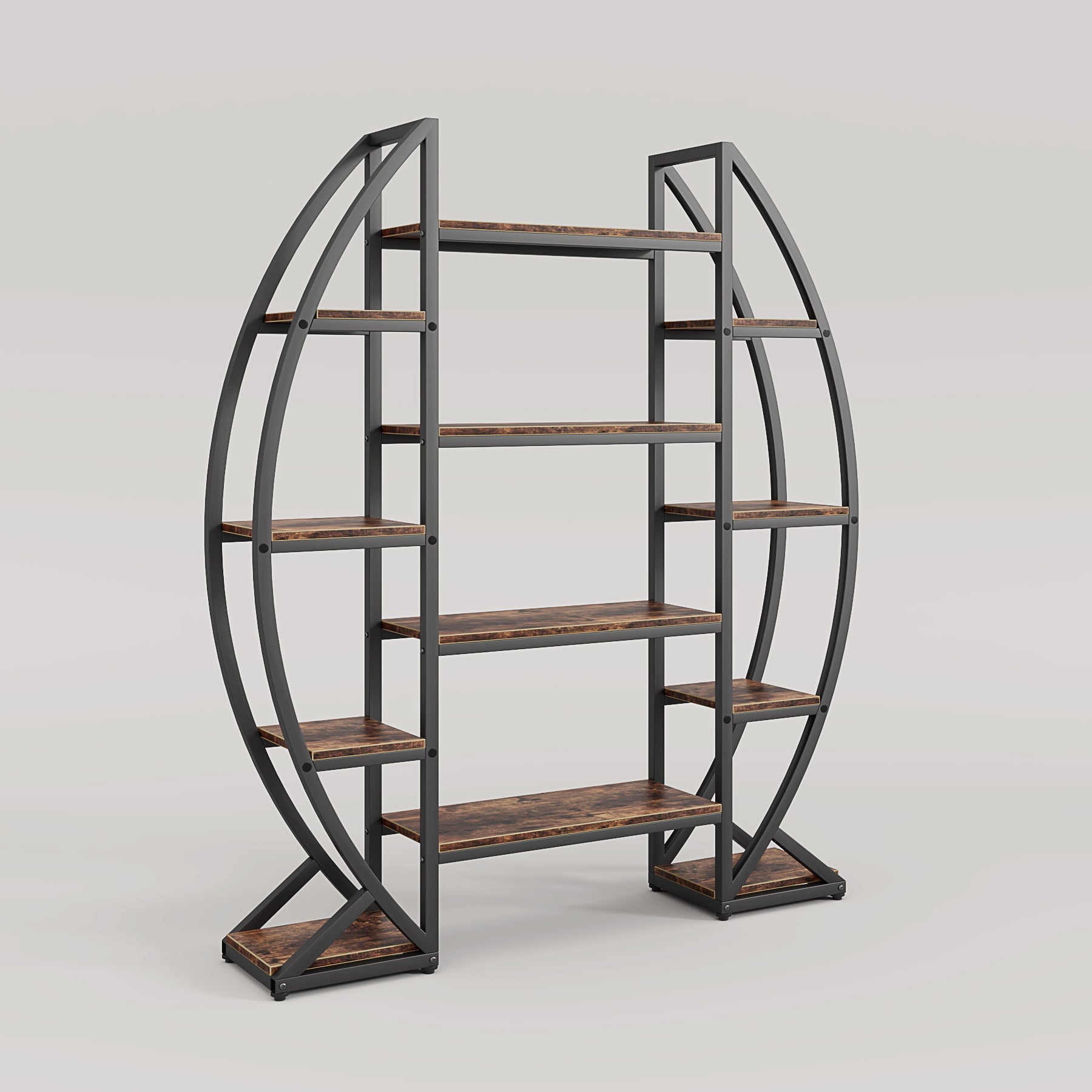 Industrial Bookshelf, Oval Triple Wide Etagere Bookcases Display Shelves