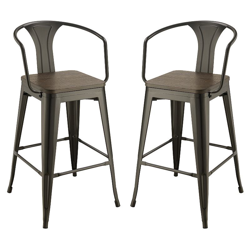 Well made Metal Bar Height Stool With Wood Seat， Black， Set of 2