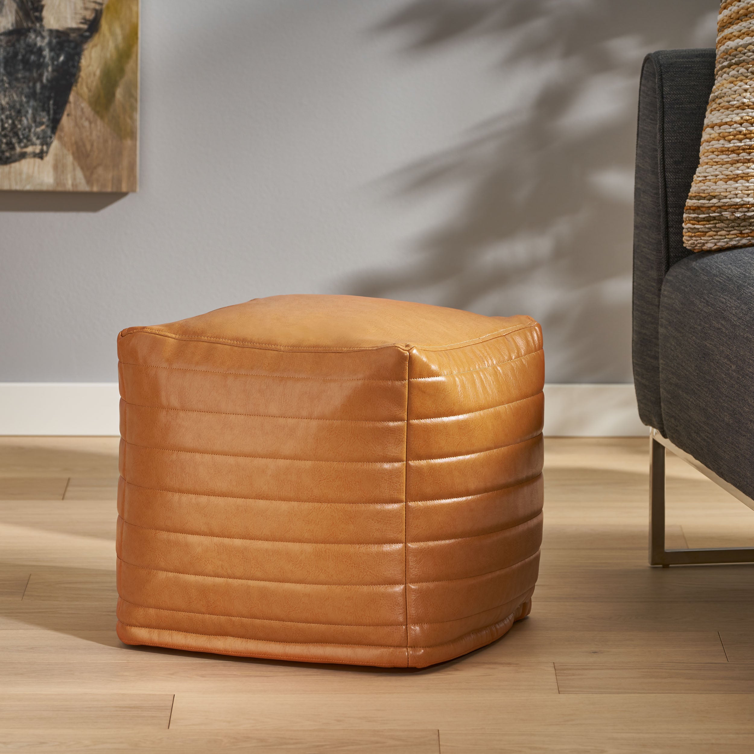 Conrail Contemporary Faux Leather Channel Stitch Pouf