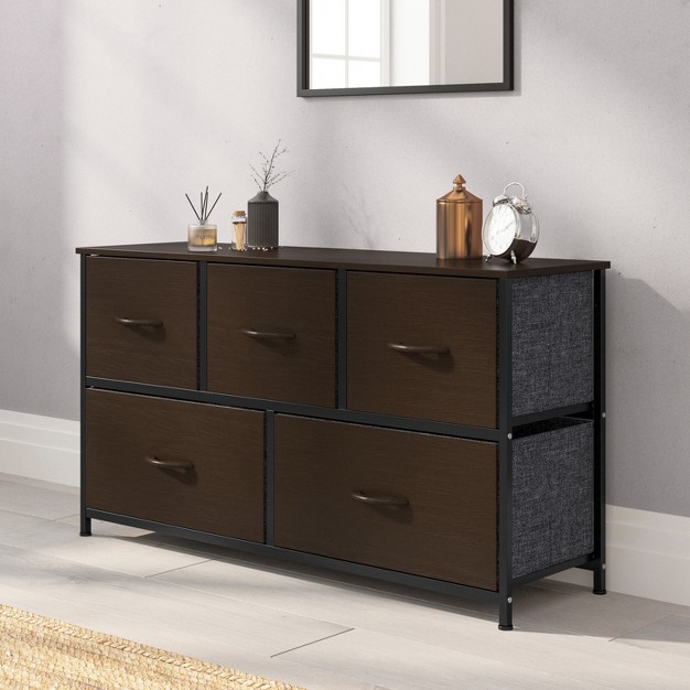 Emma And Oliver 5 Drawer Storage Dresser With Cast Iron Frame Wood Top And Easy Pull Fabric Drawers With Wooden Handles