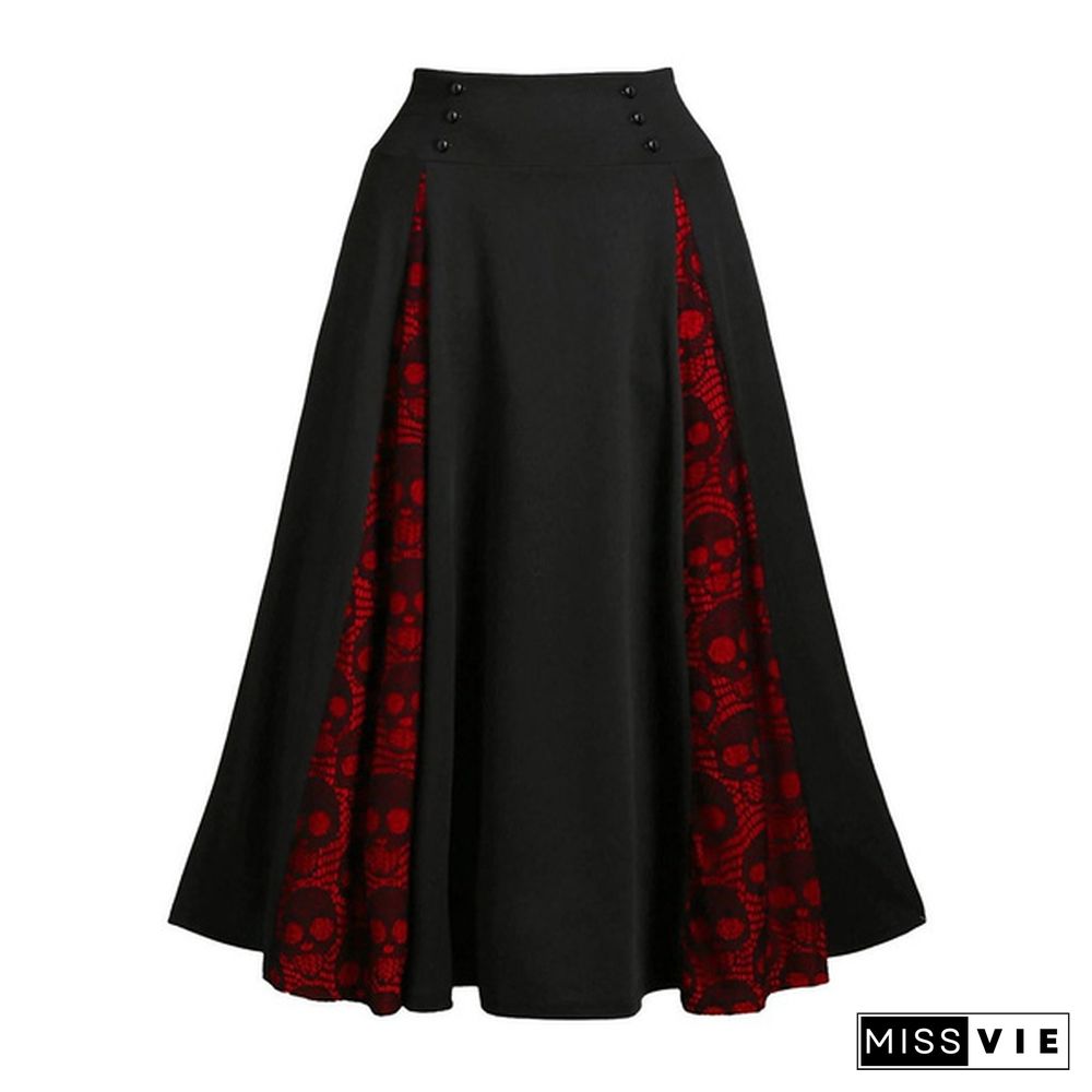 Women Plus Size Lace Patchwork High Waist Midi Skirt Gothic Pleated Skirt