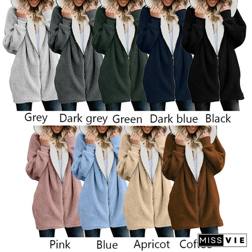 Women Coat Winter Warm Coat Women Casual Zipper Hoodie Fluffy Hooded Cotton-padded Jacket Wool Sweatshirts Outwear 9 Colors Size:S-5XL