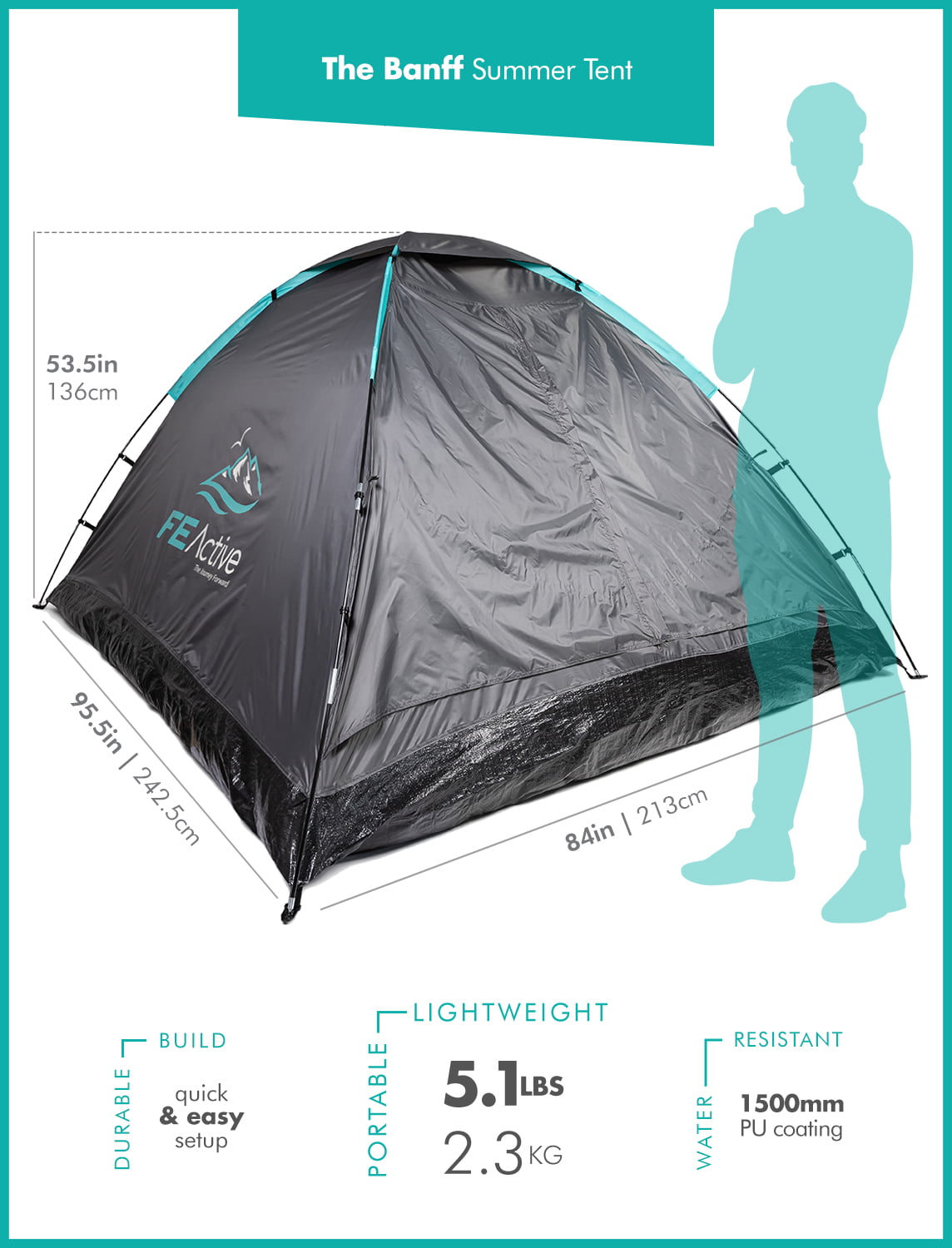 FE Active 3-4 Person Compact Tent with Screened Entrance and Easy Quick Setup Summer Tent with Rainfly for Outdoors， Camping， Backpacking， Hiking， Trekking | Designed in California， USA