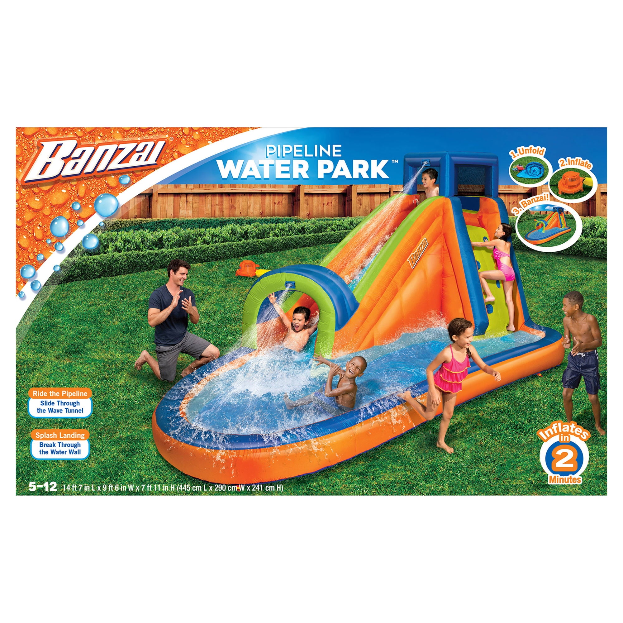 Banzai Pipeline Water Park Toy, Length: 14 ft 7 in, Width: 9 ft 6 in, Height: 7 ft 11 in, Inflatable Outdoor Backyard Water Slide Splash Toy