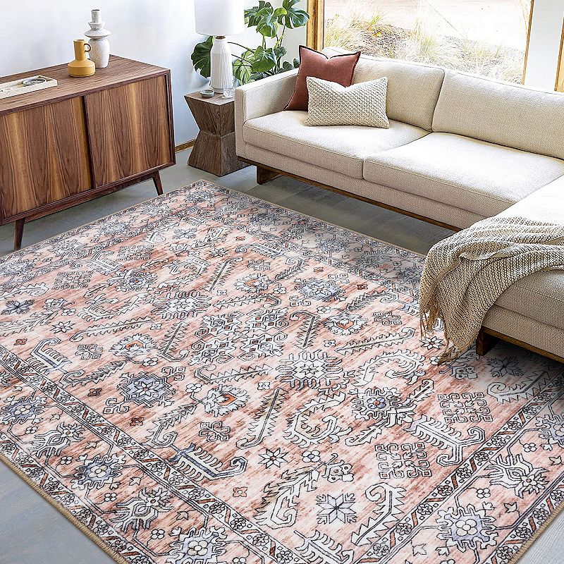 Glowsol Vintage Oriental Floral Print Area Rug Washable Soft Indoor Floor Carpet