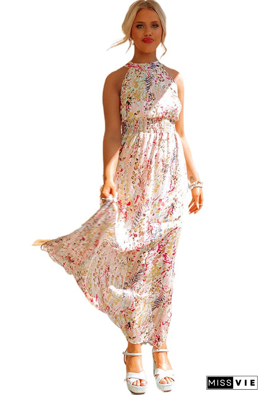 Multicolor Crisscross Backless Long Floral Dress