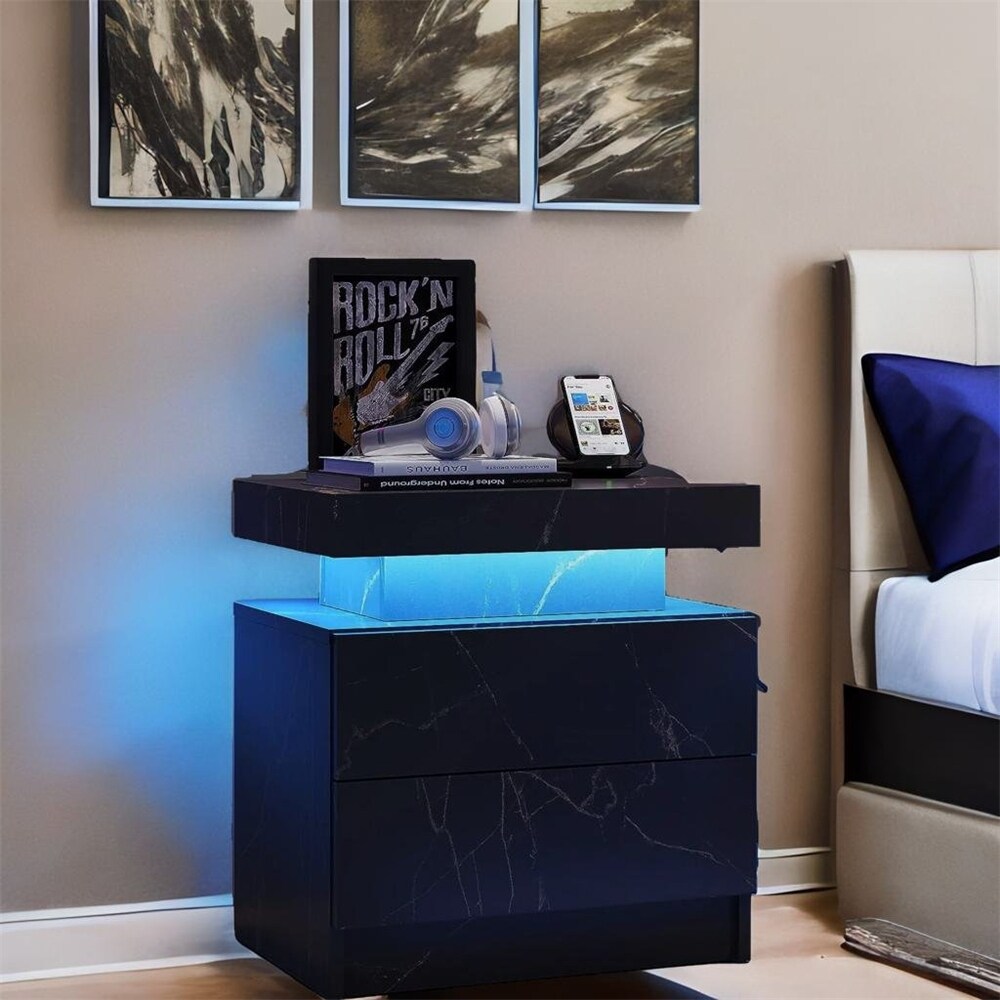 Modern Wood LED Nightstand with 2 Drawers