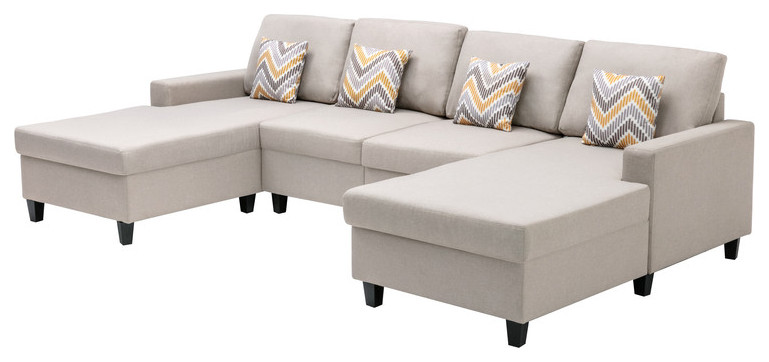 Nolan Linen Double Chaise Sectional Sofa With Pillows and Interchangeable Legs   Contemporary   Sectional Sofas   by Lilola Home  Houzz