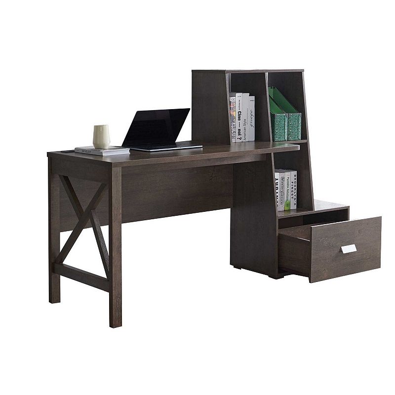 71 Inch Multipurpose Office Desk， 1 Drawer， 3 Compartments， Walnut Brown