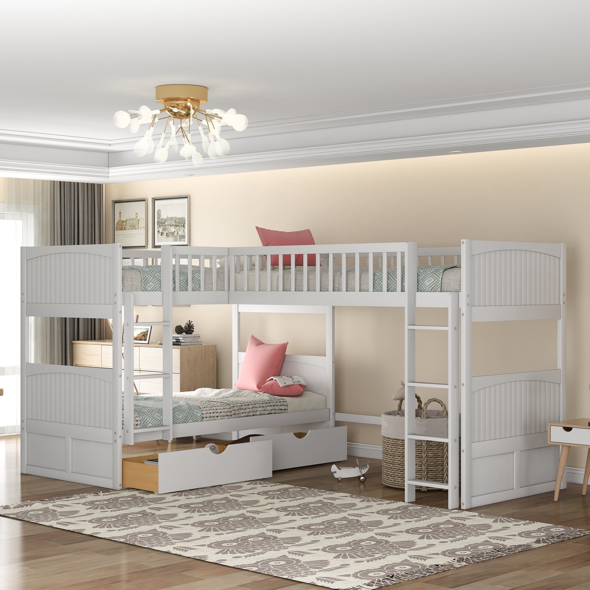 Euroco Wood Bunk Bed Storage, Twin-over-Twin-over-Twin for Children's Bedroom, White