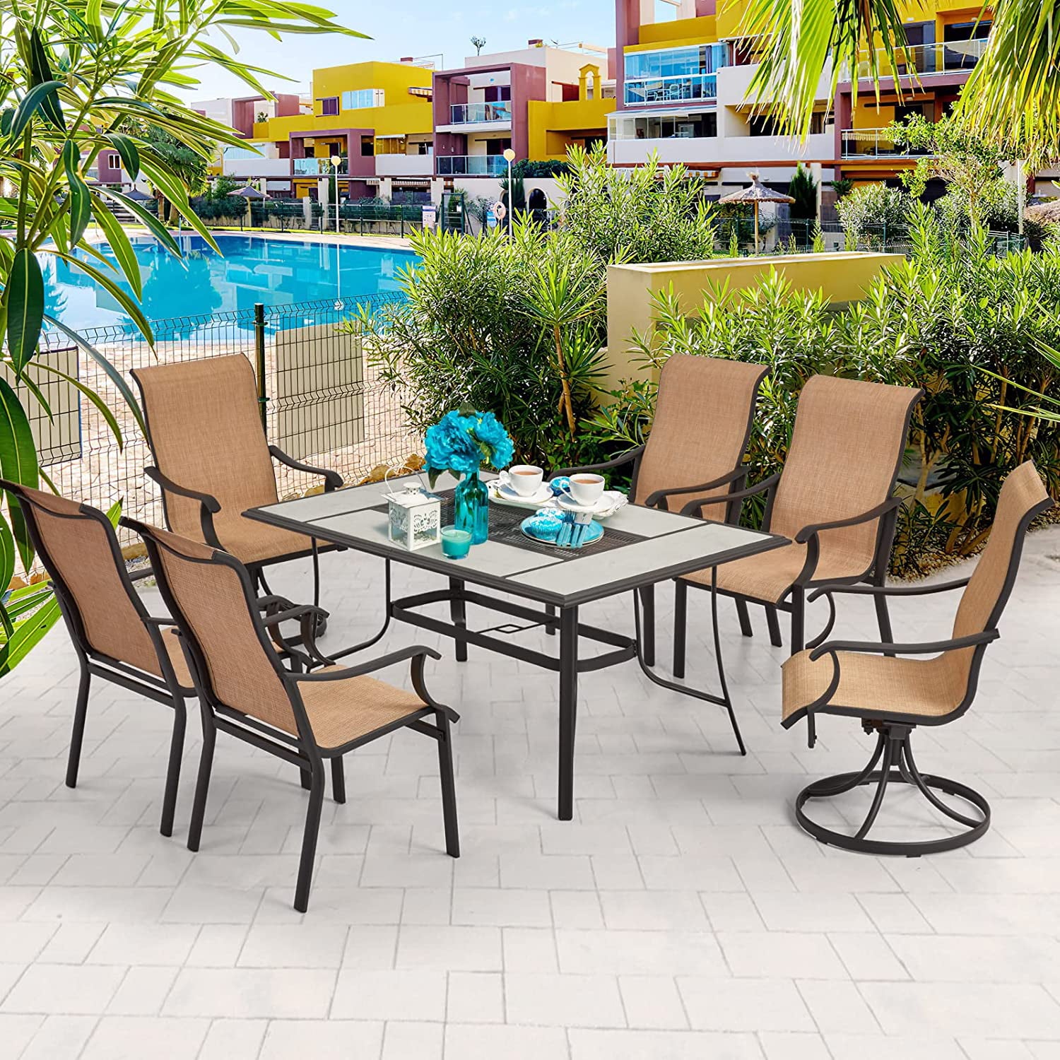 Erommy 7 PCS Patio Dining Set， Outdoor Table Chair Set， Large Metal Table with Umbrella Hole， High Back Chair for Patio， Garden， Lawn