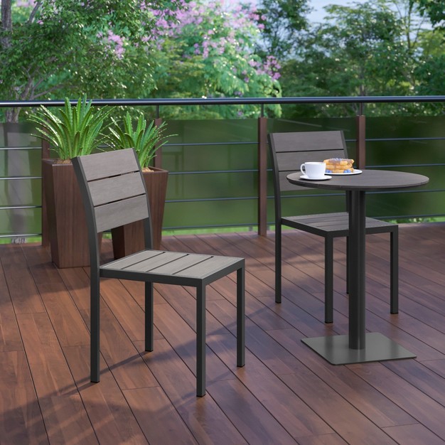 Flash Furniture Finch Commercial Grade Patio Chair With Arms Stackable Side Chair With Faux Teak Poly Slats And Metal Frame