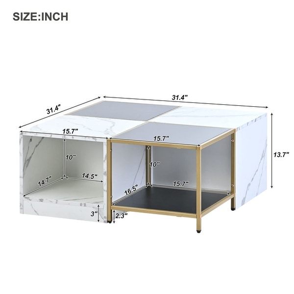 Modern Unique 2-Layer Coffee Table with Metal Frame，Square Cocktail Table with High Gloss - as picture