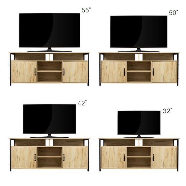 57'' Metal Frame Modern Wood Universal Media Console TV Stand with 3 Layer Open Shelves and 2 Metal Handled Storage Cabinet