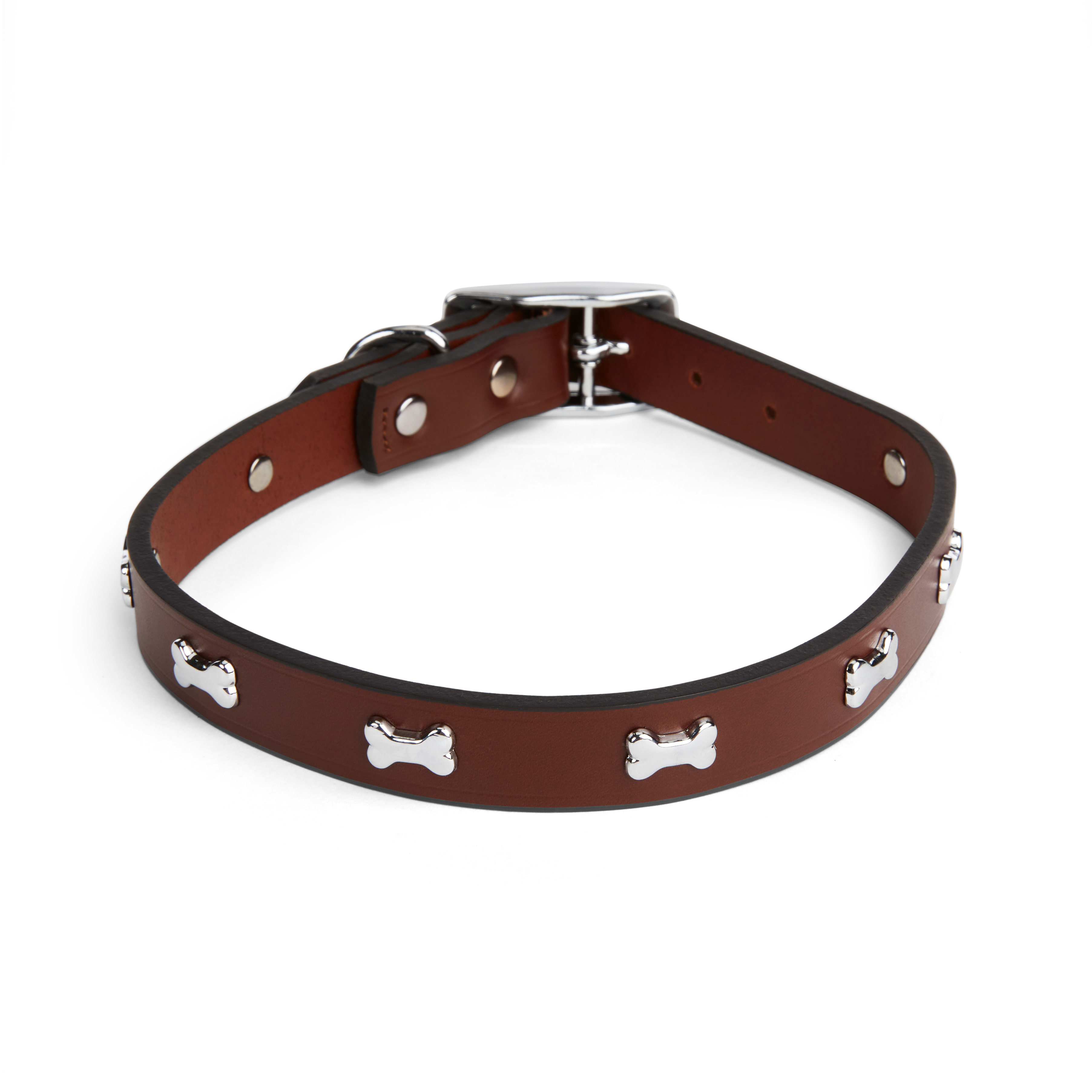 YOULY The Rebel Brown Leather Bone Stud Dog Collar， Medium