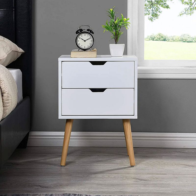 Sweetgo Modern Wooden Nightstand Table with 2 Storage Drawers， White， Set of 2