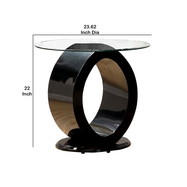 Contemporary Tempered Glass Top End Table with O Shape Base， Black