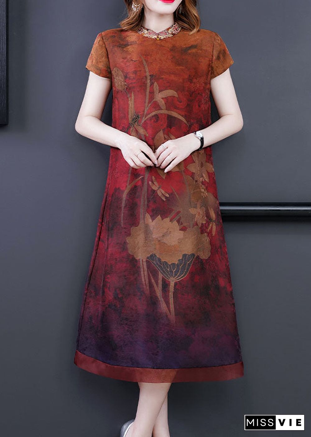 Fitted Red Print Stand Collar Silk Dresses Short Sleeve