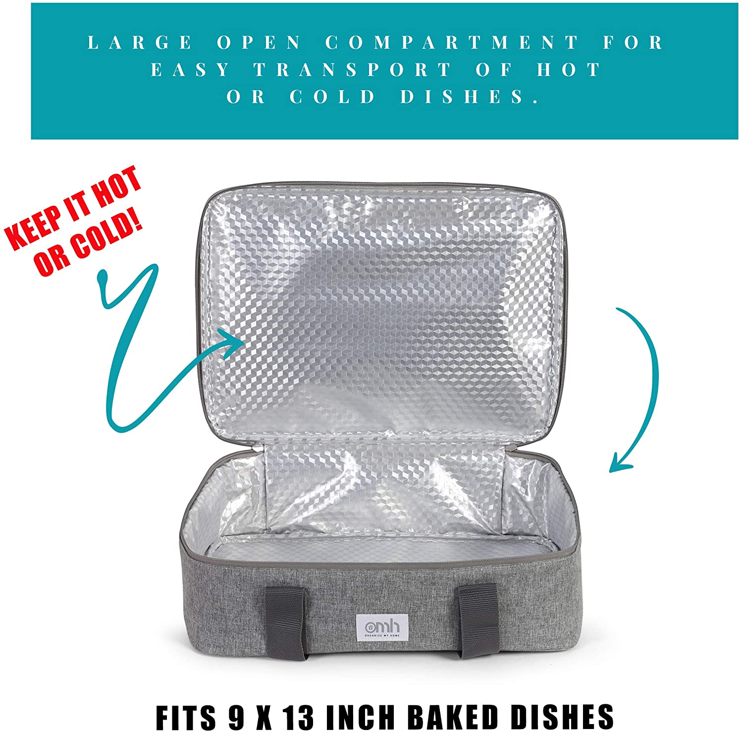 OMH ORGANIZE MY Home-Insulated Casserole Carrying Case for Hot or Cold Food Storage， Perfect for Potlucks， Parties， Picnics， and Cookouts-Gray