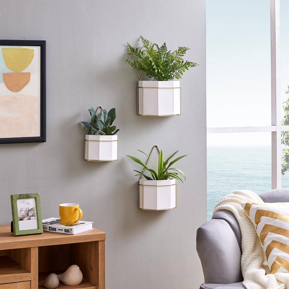 DANYA B Geometric White and Gold Metal Wall Mounted Planters (Set of 3) FHB1469