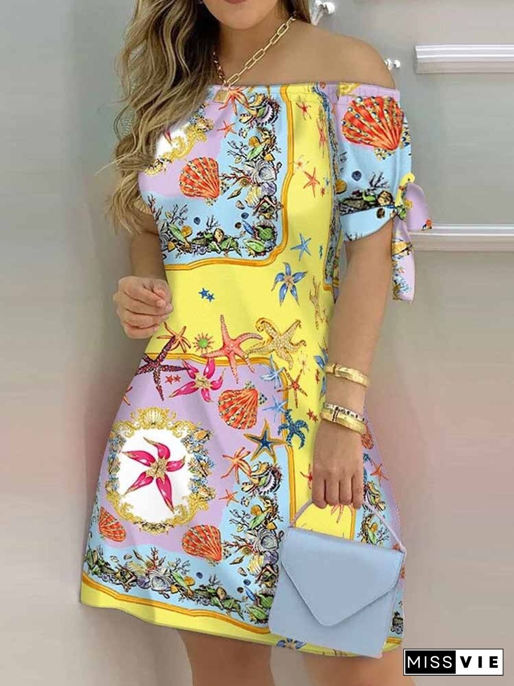 Women Off Shoulder Mini Dress Summer Sexy Short Sleeve Bow Tie Striped Floral Print Dresses Fashion Casual Loose Dress