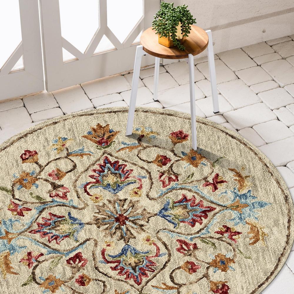 Ox Bay Sinuous Beige 4 Feet Trailing Floral Oasis Round Area Rug