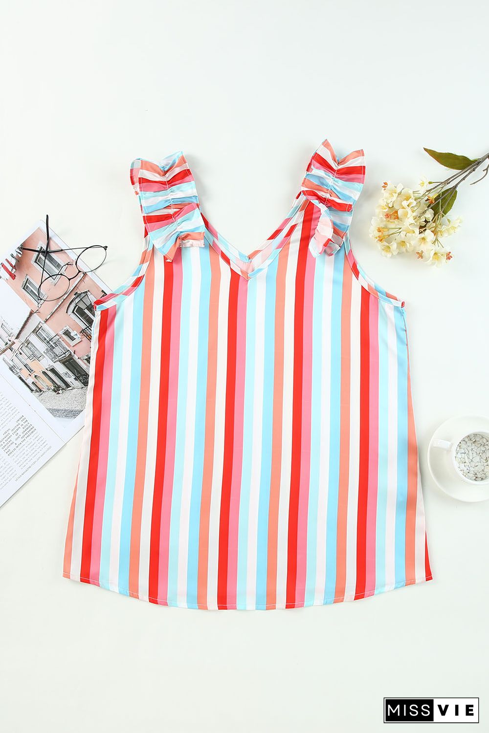 Multicolor Striped V Neck Ruffle Straps Tank Top