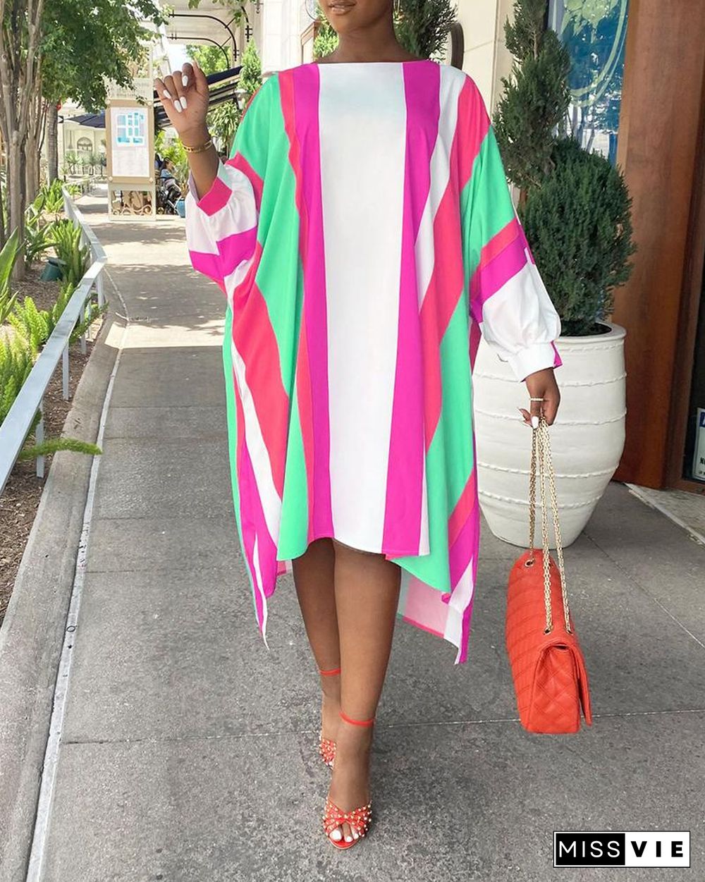 Striped Colorblock Lantern Sleeve Casual Dress