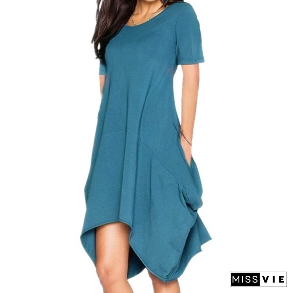 Summer Women's Fashion Solid Color Tunics Irregular T-Shirt Dresses Loose Casual O-Neck Chiffon Short Sleeves Dress Sexy Beach Dress Plus Size Pocket Dress Ruffles Party Mini Dress S-7Xl