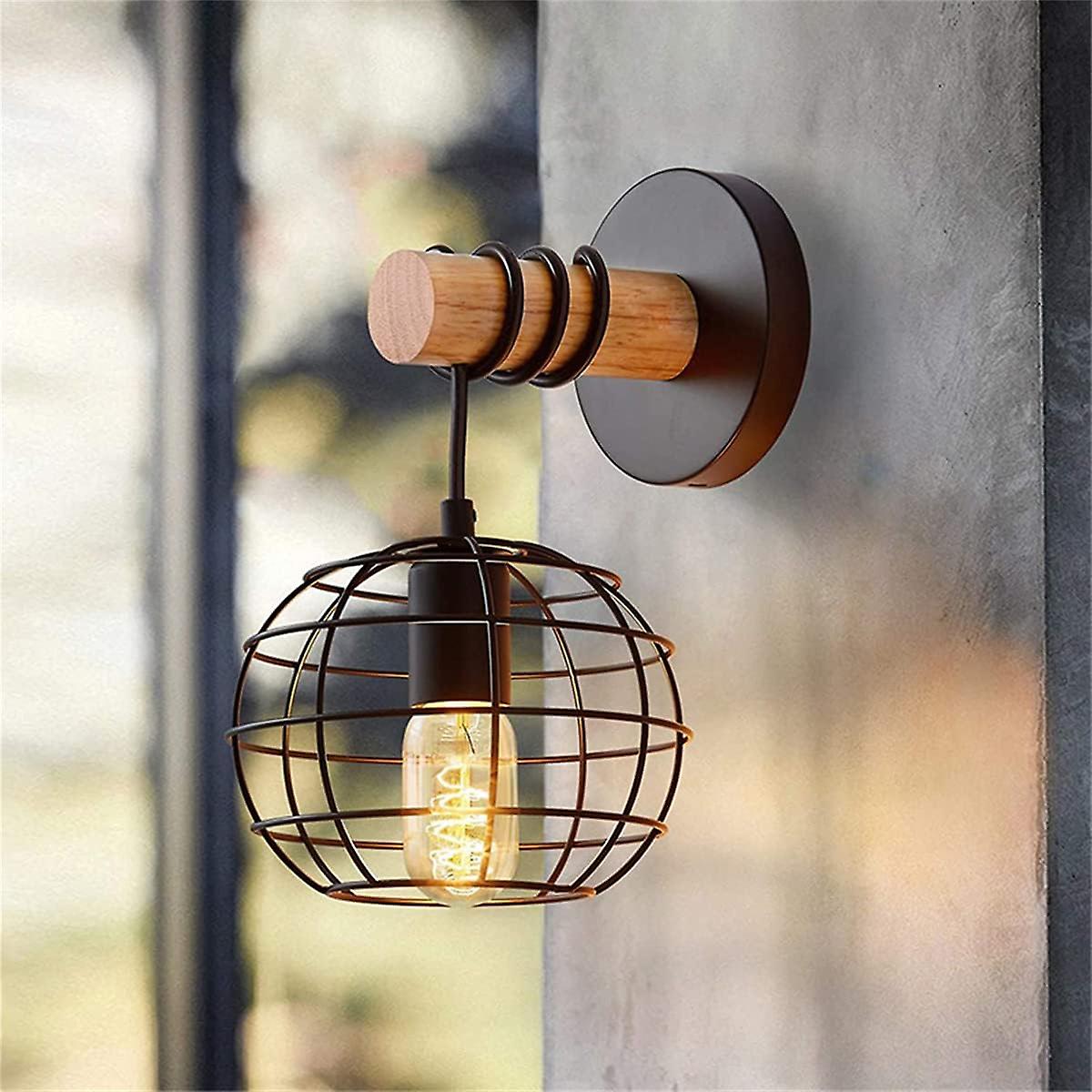 Led Wall Sconce Round Interior Industrial Metal And Wood Vintage Wall Lighting Cage Light For Bedroom Kitchen Dining Room (b)