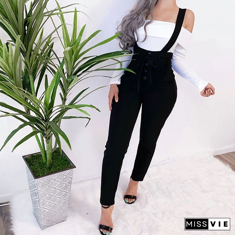 Winter Women Fashion Casual High Waist Buttons Slim Jumpsuits Long Pants Shoulder Straps Siamese Overalls Pants Ladies Bussiness Pants Leggins