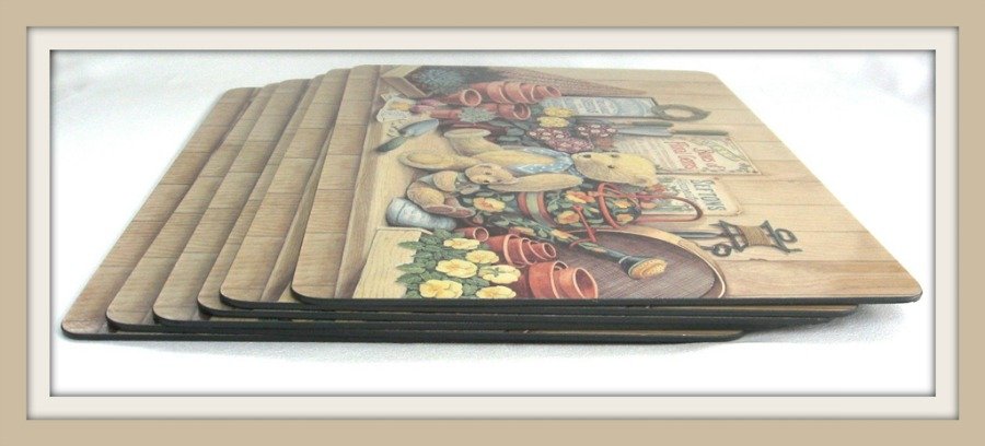 Set of 6 Hardboard Placemats Lap Trays Teddy Bears Planters Water Can Gardening Supplies