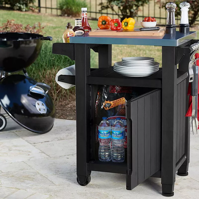 Keter Unity 40 Gal Patio Storage Grilling Bar Cart W/ Stainless Steel Top， Grey