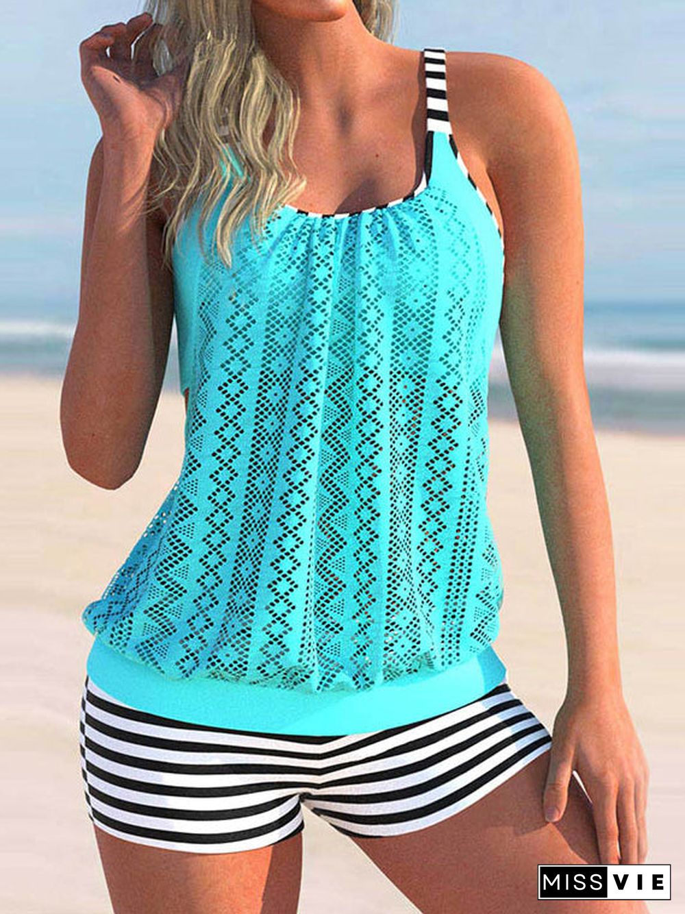 Lace Stitching Layered Striped Cyan Tankini Set