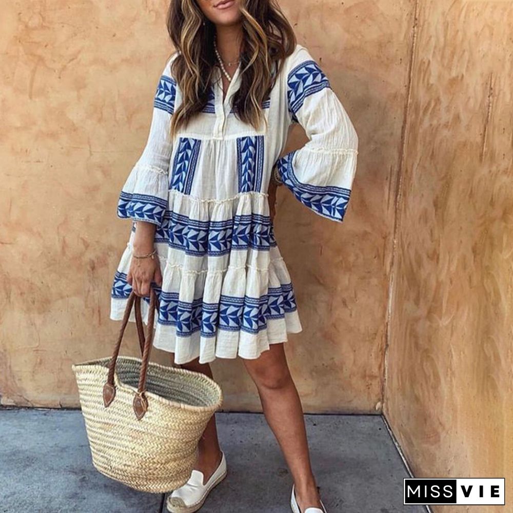 Boho Vacation V-neck Print Mini Dress