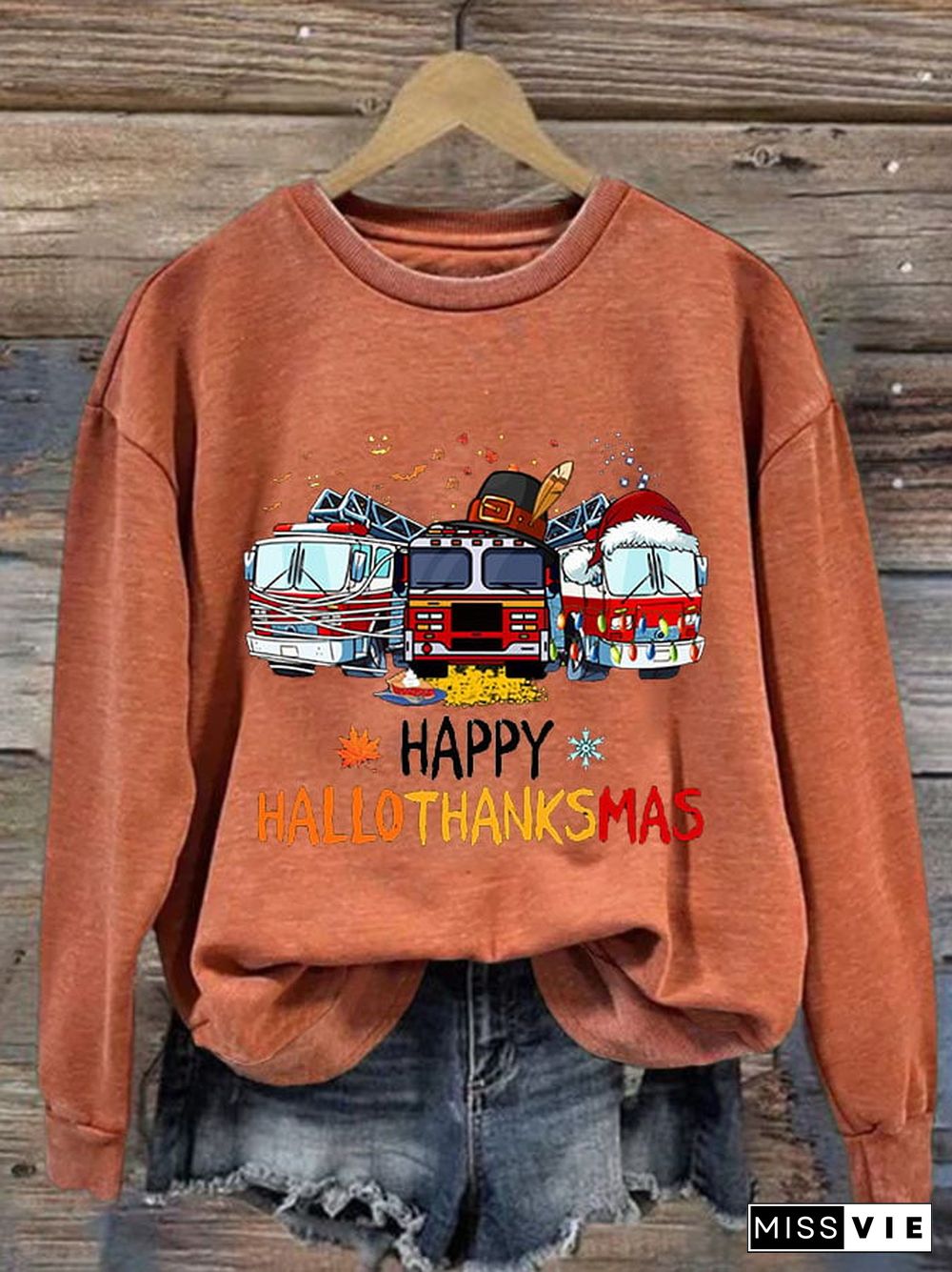 Women's Casual Happy Hallothankmas Firefighter Print Long Sleeve Sweatshirt