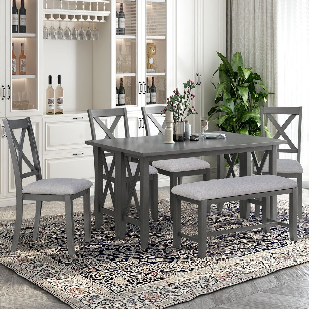 6 Piece Family Dining Set Solid Wood Space Saving Foldable Table   4 Chairs with Bench  for Living  Dining Room   Home Bar  Gray