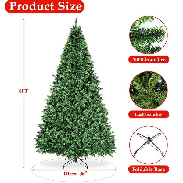 6ft Christmas Tree with 1000 Branch Tips Artificial Xmas Tree with Metal Hinges and Foldable Base