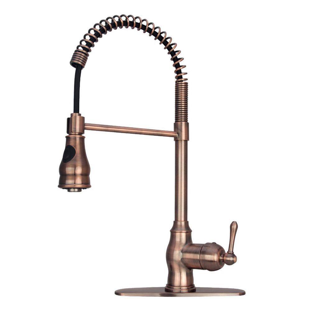 Akicon Single-Handle Pre-Rinse Spring Pull-Down Sprayer Kitchen Faucet in Antique Copper AK518-AC