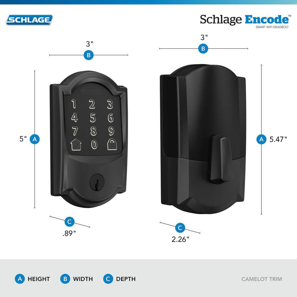 Schlage Camelot Matte Black Electronic Encode Smart WiFi Deadbolt with Alarm BE489WB CAM 622