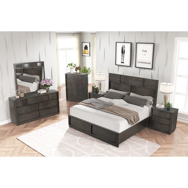 Roundhill Furniture Belani Wood Panel Bed Set， Bed， Dresser， Mirror， Two Nightstands， and Chest， Espresso - - 36183445