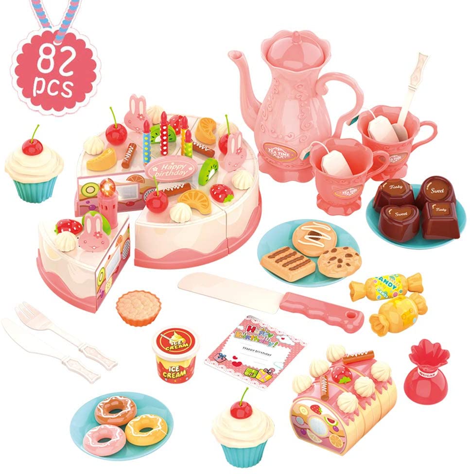 Mundo Toys Cutting DIY Pretend Play Birthday Cake Dessert Food Set Toy Multicolor with Candles， 82 Pieces