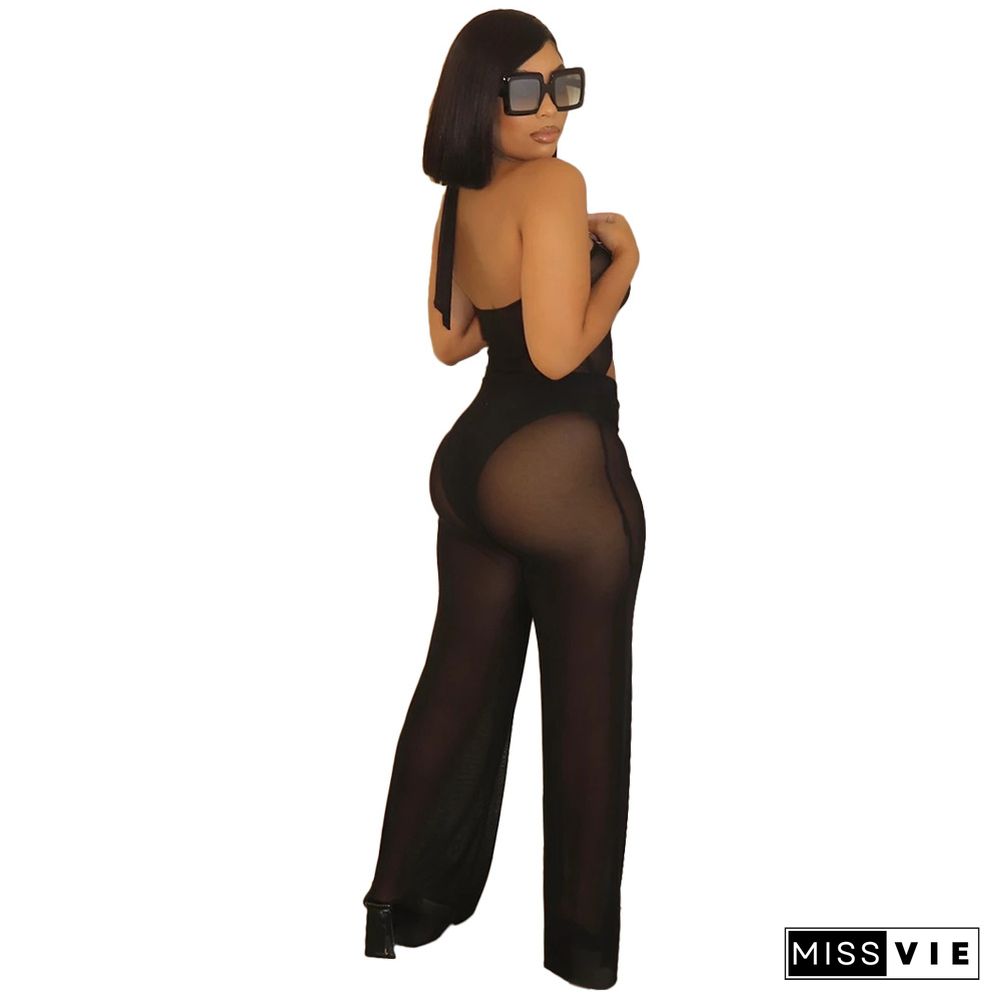 Sheer Mesh Hollow Out Halter Wide Leg Jumpsuit