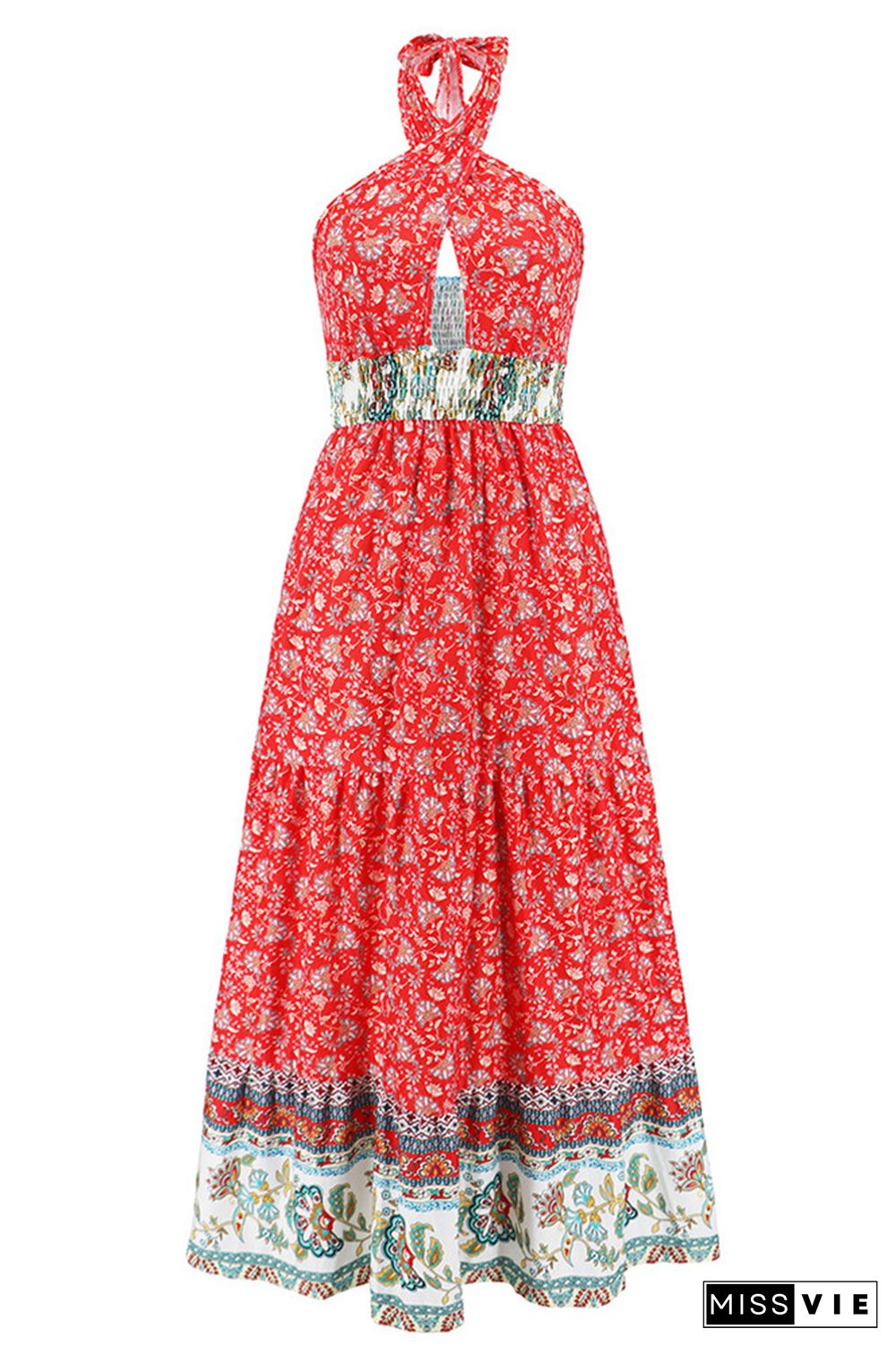 Twisted Halter Hollow Out Smocked Waist Boho Floral Maxi Dress