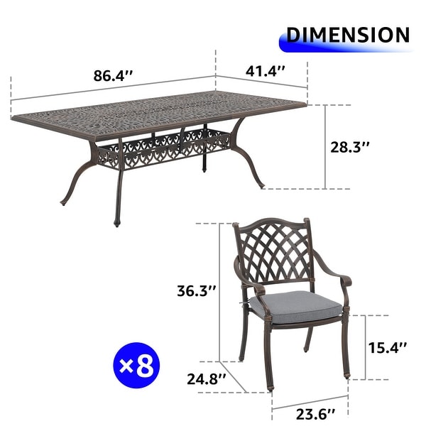 Aluminum 9Piece Outdoor Rectangular Dining Set with Cushions and Umbrella hole