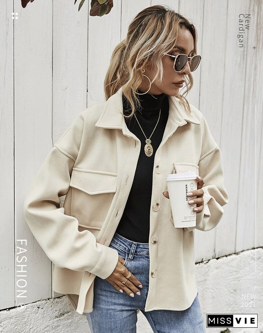 Winter Lapel Women Jacket Single-breasted Thickened Solid Color Shirt Woolen Loose Coat Women Coat